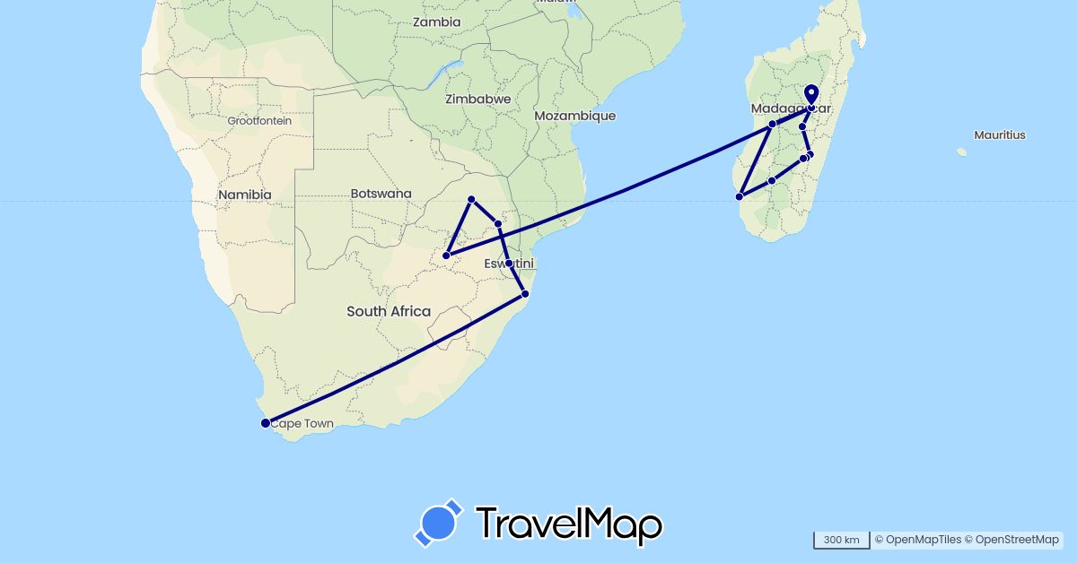 TravelMap itinerary: driving in Madagascar, Swaziland, South Africa (Africa)